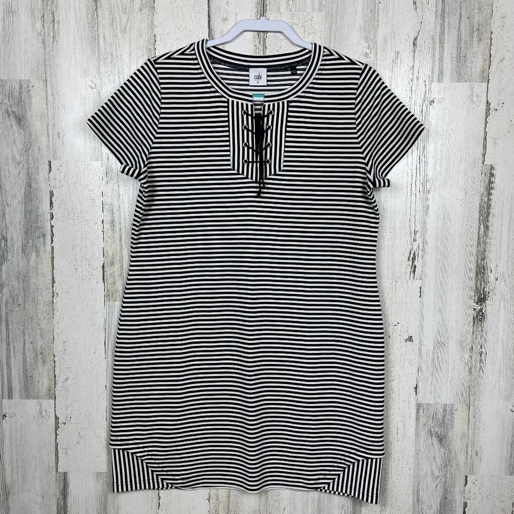 cabi Captain shift dress nautical striped lace up blue white M coastal prep boat